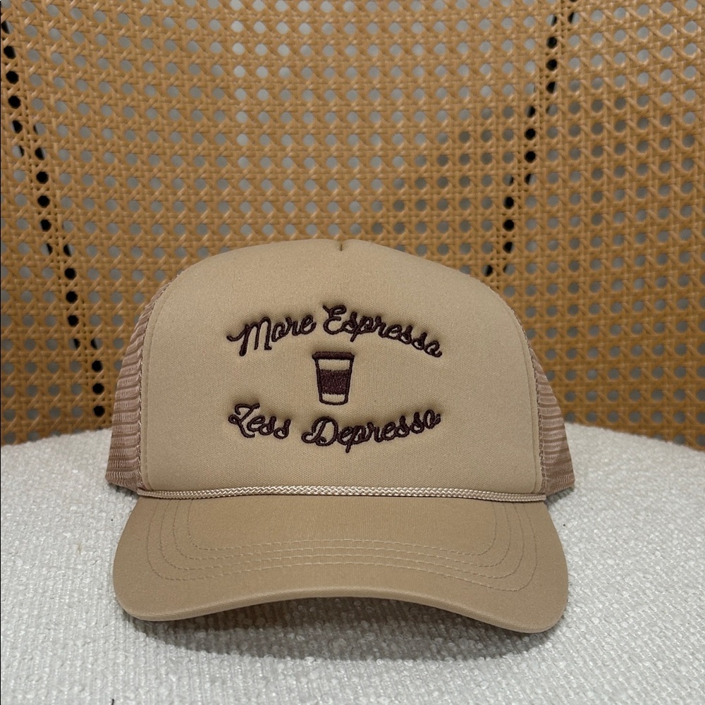 Tan Trucker Hat with 'More Espresso Less Depresso' Embroidery